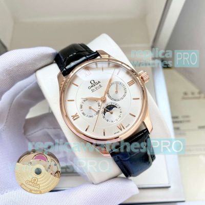 AAA replica Omega De Ville white face rose gold case moon phase automatic watch 